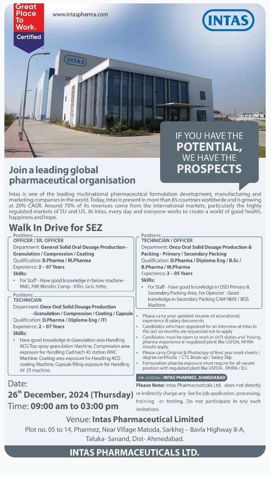 Intas pharma walk in interview notification