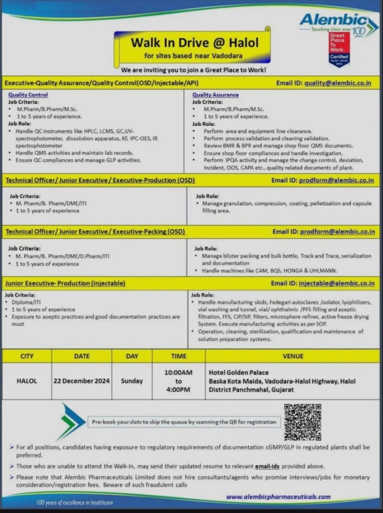 Alembic pharma walk in interview notification