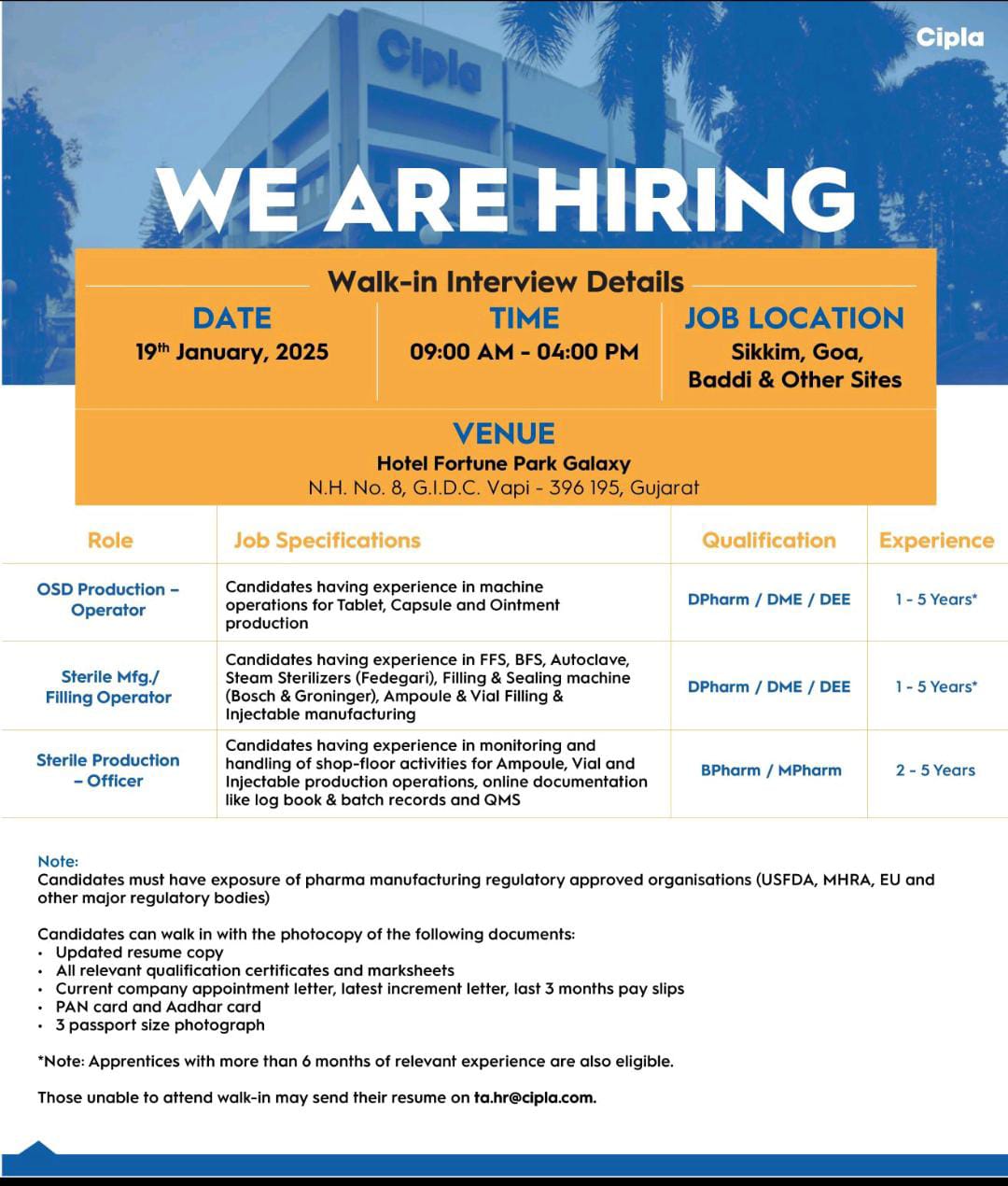 CIPLA WALK IN INTERVIEW 