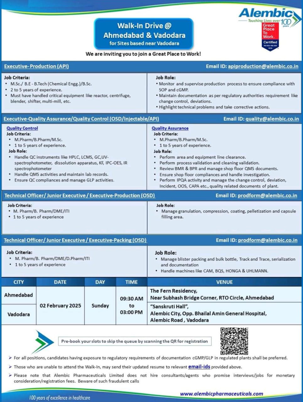 ALEMBIC PHARMA WALK IN INTERVIEW NOTIFICATION