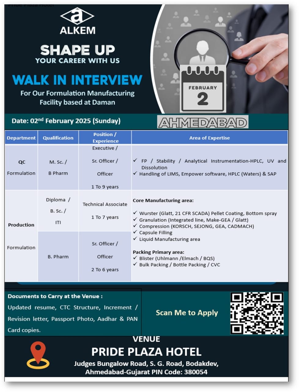 Daman alkem walk in interview notification