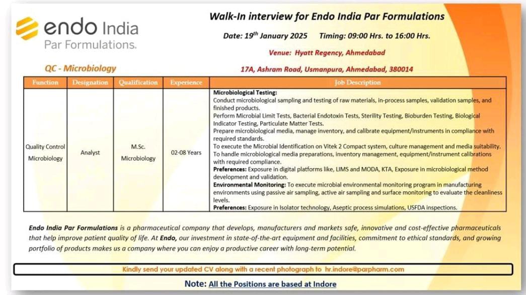 indore endo pharmaceutical interview notification