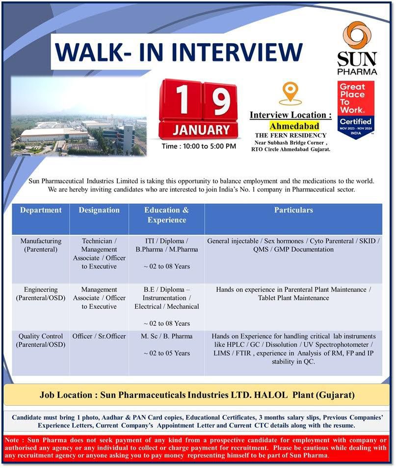 halol sun pharma walk in interview notification