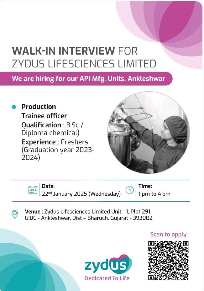Ankleshwar Zydus walk in interview notification