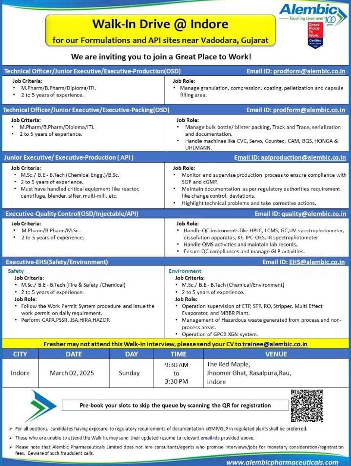 Varodara Alembic  Walk in Interview notification 