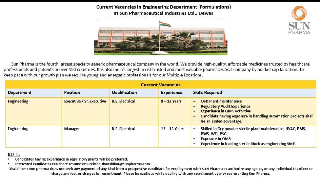 DEWAS SUN PHARMA HIRING 