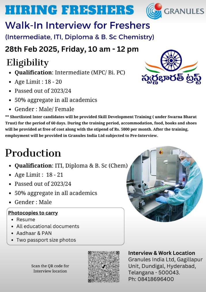 Granules India walk in interview 