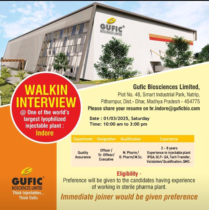 GUFIC bioscience indore Walk in interview notification 