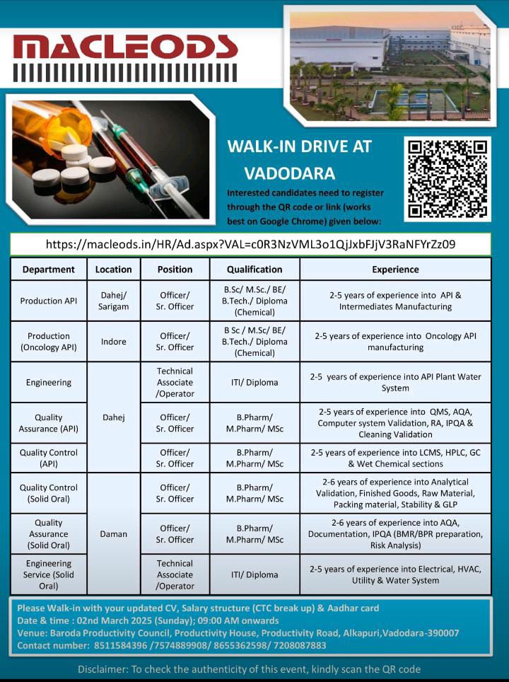 Macleods Pharma walk in interview notification 