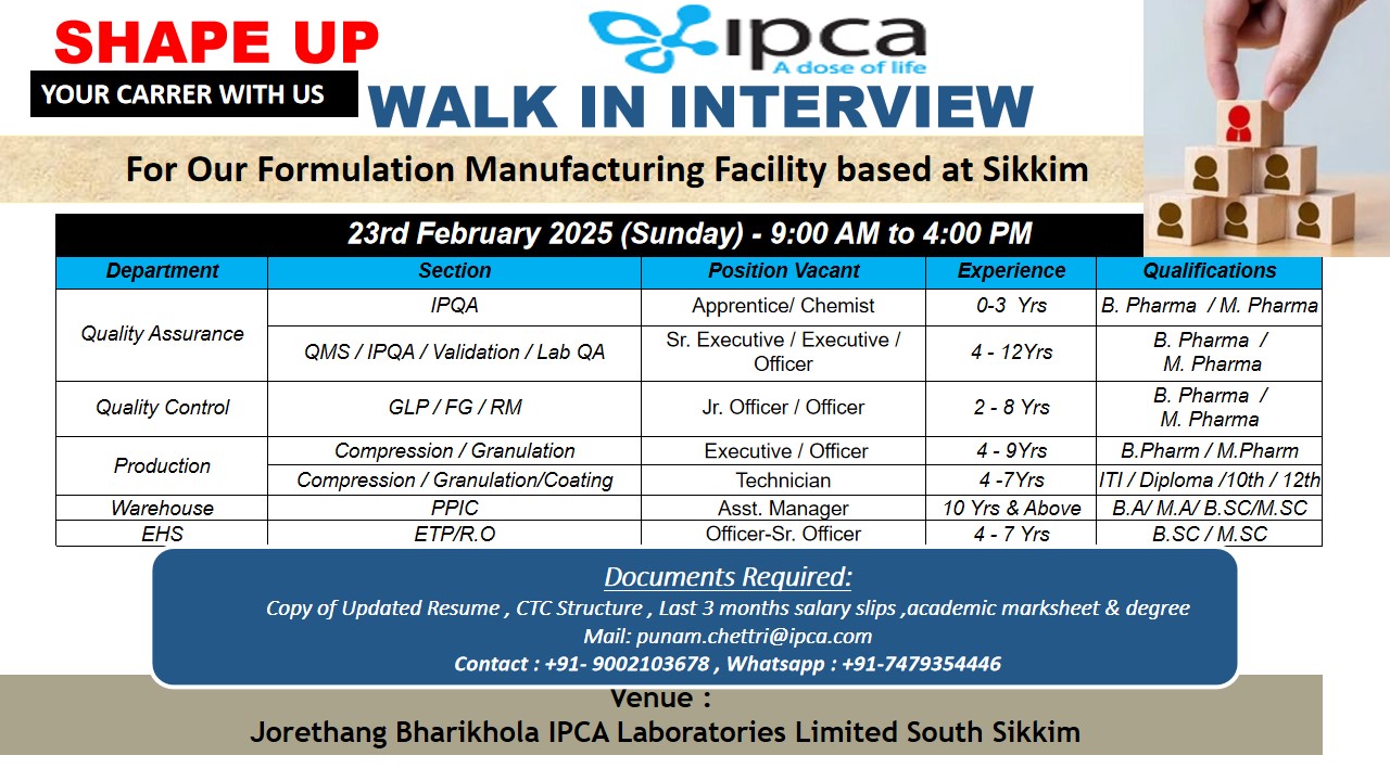 sikkim ipca walk in interview notification 